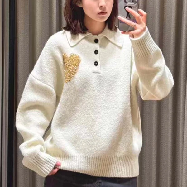 

2025 New Neck Letter Heart Sweater Long Sleeve Alpaca Wool Cloud Loose Christmas Limited Knitted Wear for Women Girls