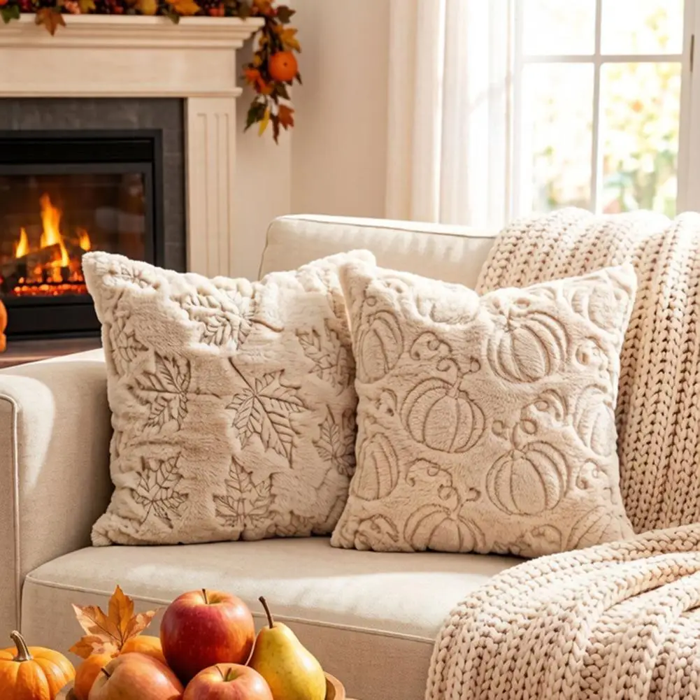 Cozy Throw Pillow Cover Autumn Decorative Cushion Cases Fall Plush Cushion Cover Pumpkin Embroidery Throw for Thanksgiving
