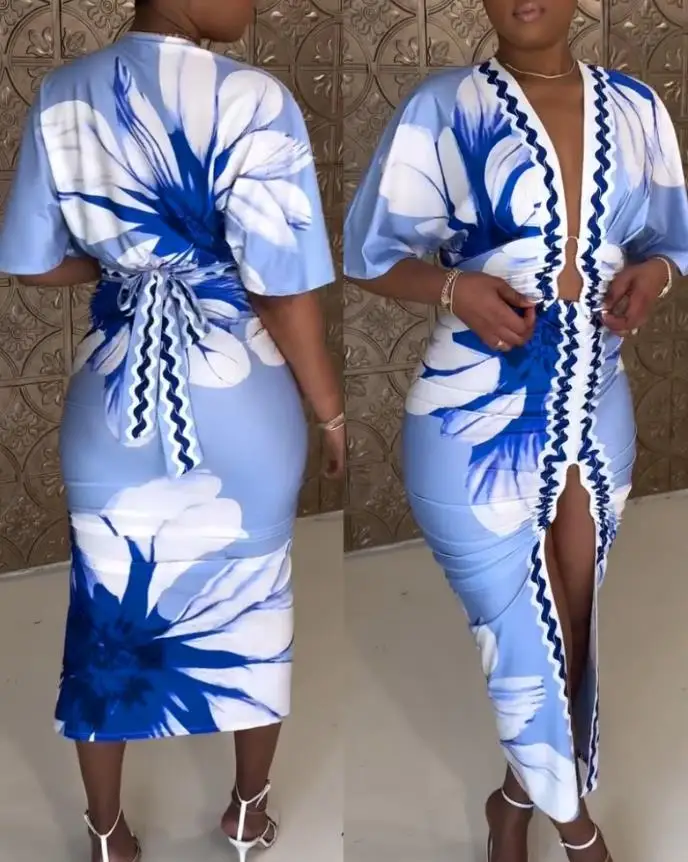 

Womens Dresses 2025 Spring New Fashion Floral Print Plunge V Neck Bell Sleeve Bodycon Dress Casual Slim Fit Slit Midi Dress