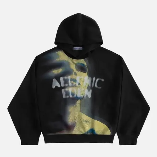 Aelfric Eden Menswear Pullover Hoodie - Unisex, Relaxed Fit, Heavyweight Cotton, Longsleeves, Abstract Portrait Graphic, Distorted Figure Print, Thermal Top for Casual Streetwear Sweatshirts,Back to School,Back to School Shopping,sohochic