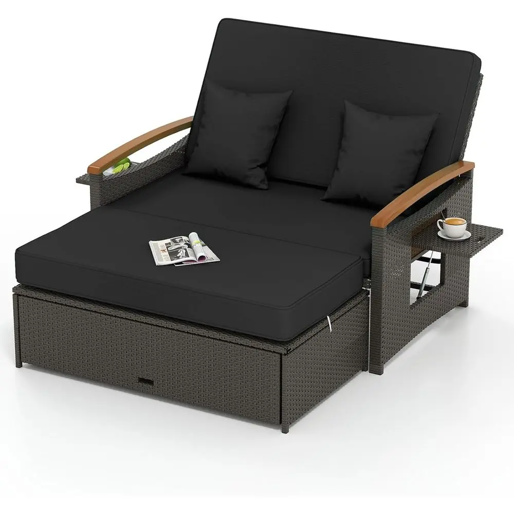 

Черная уличная кушетка из ротанга с оттоманкой для хранения, регулируемой спинкой, подлокотниками из акации и боковыми панелями, идеально подходит для двора, террасы