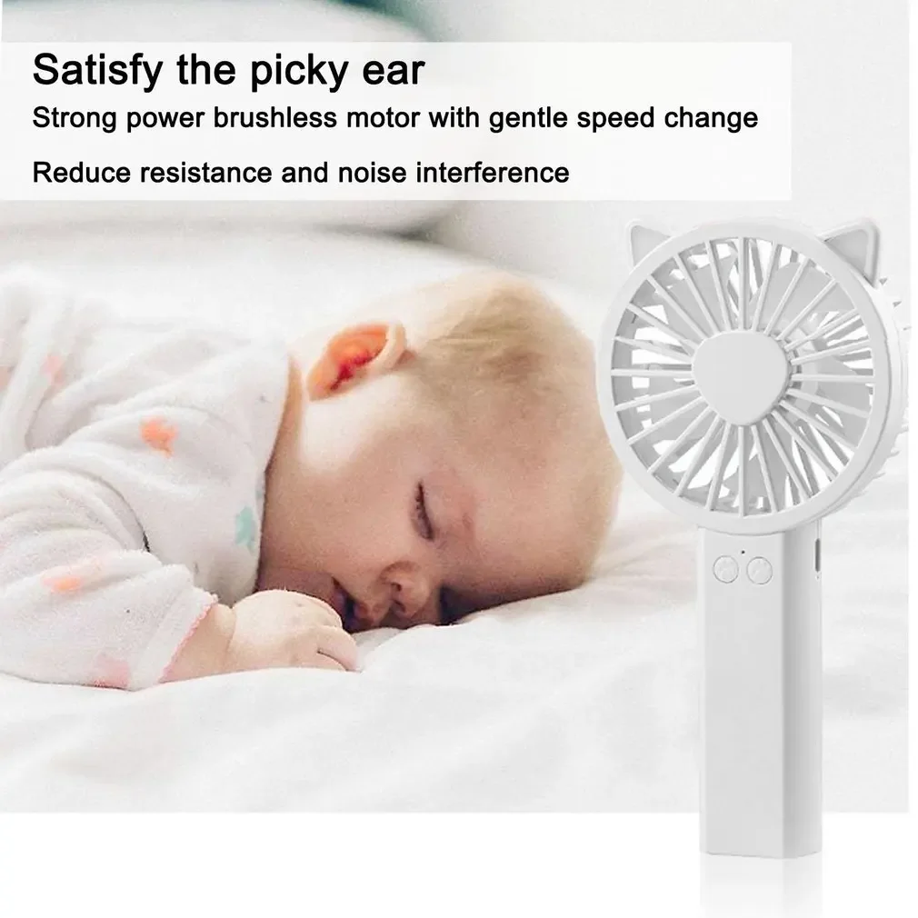 Mini Fan USB Rechargeable Adjustable 3 Speed Cute Cat Hand-Held/Desktop LED Lamp Cooler Ventilator