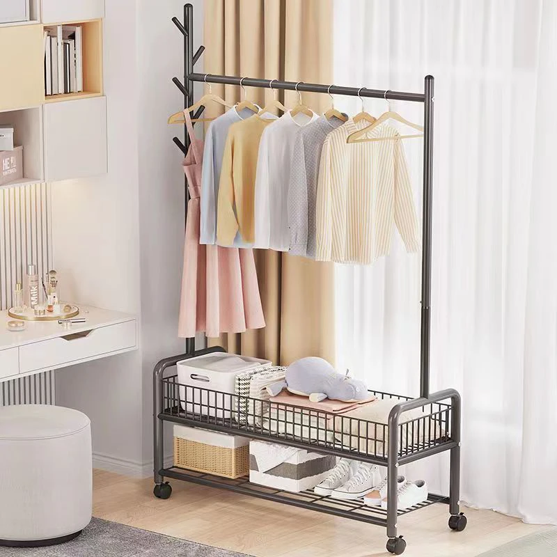 Movable Clothes Rack Floor Hanger Stainless Stand Storage Wardrobe Storage Box Living Room Bedroom Furniture Coat Hat Rack Hooks