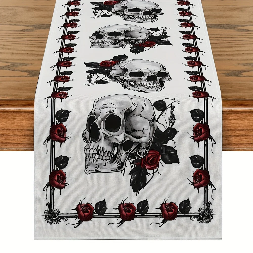 

Halloween Gothic Skull Rose Linen Table Runner Dresser Scarf Table Decor Halloween Theme Kitchen Dining Table Runners Home Decor