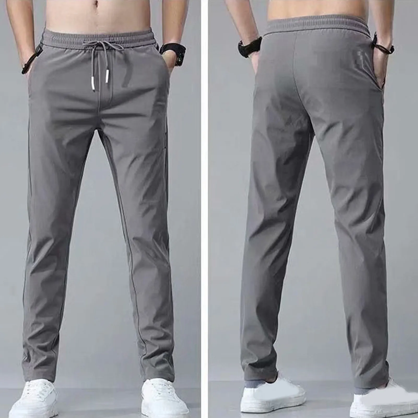 Spring Summer Men's Casual Pants Cotton Solid Color Slim Drawstring Elastic Waist Classic Khaki Grey Thin Jogging Trousers Male