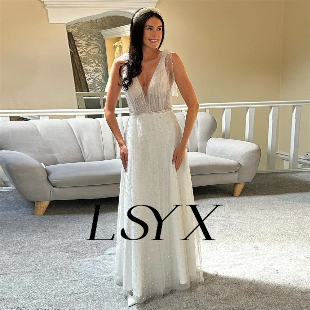 LSYX Illusion Deep V-Neck Sleeveless Tulle Beaded Mermaid Wedding Dress For Women Open Back Court Train Bridal Gown Custom Made