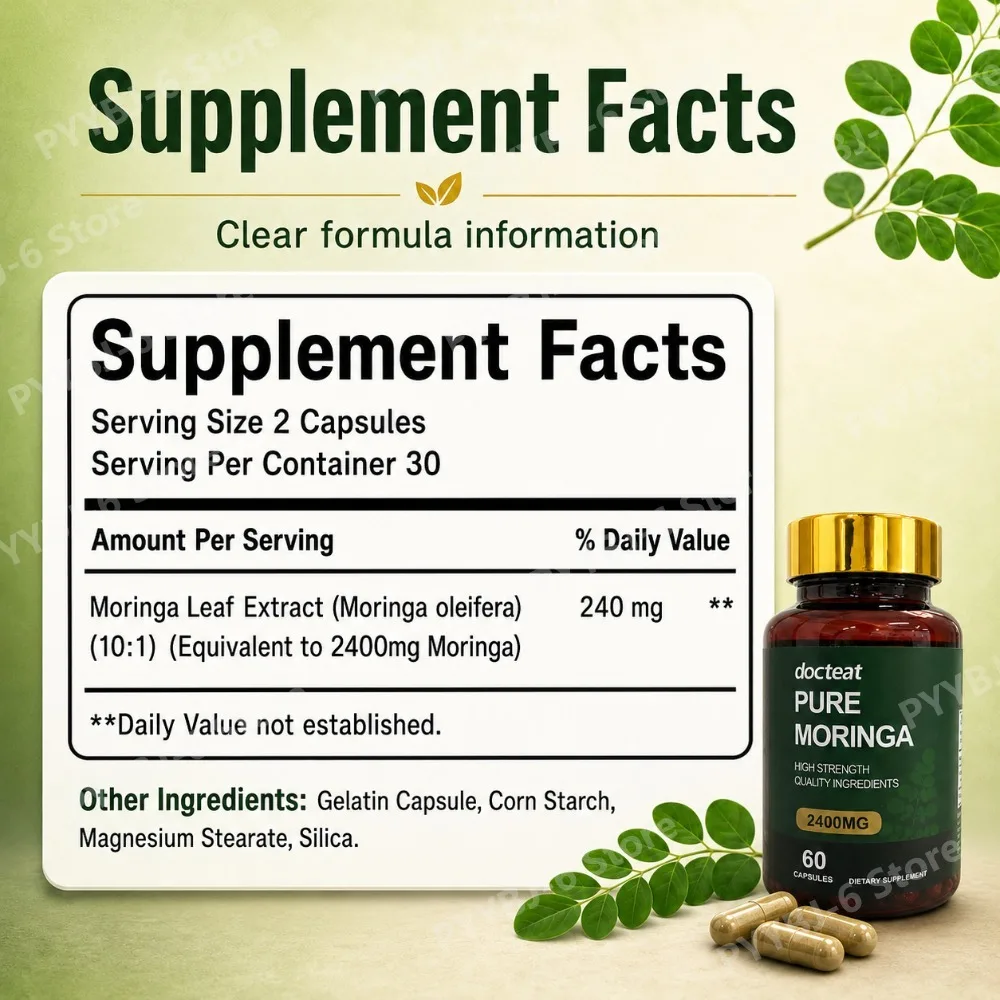 Docteat Pure Moringa Leaf Extract 2400mg 10:1 High Strength Supplement 60 Capsules Antioxidant Immune Energy Digestive Support