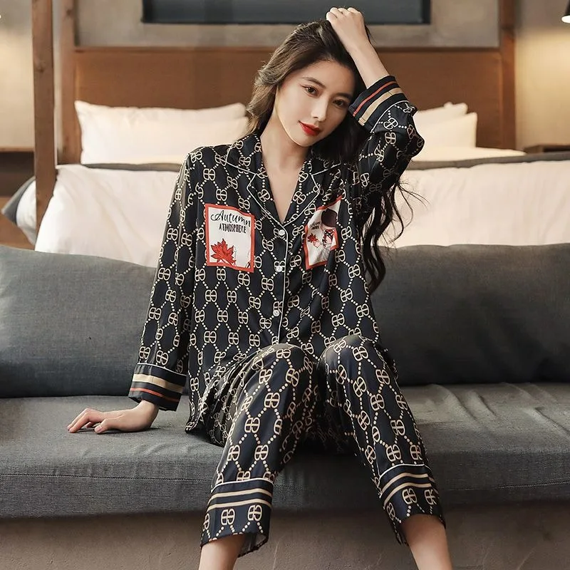 2024 New Pajamas Spring Autumn Women Thin Long Sleeve Ice Silk Loungewear Suit Female Casual Loose Breathable Nightclothes Sets