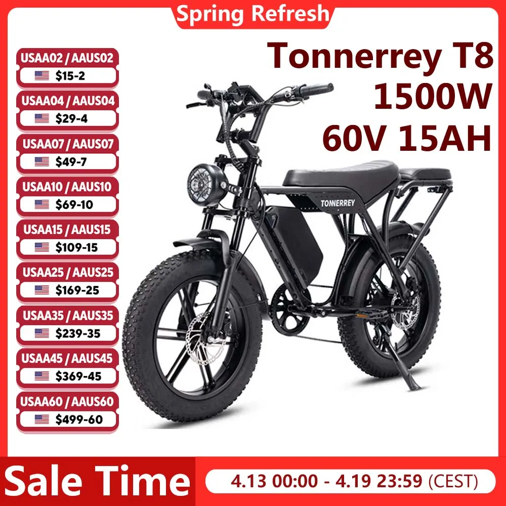 

Электровелосипед Tonnerrey T8 1500W 60V 15AH, 20-дюймовые фэтбайк-покрышки, скорость 28 миль/ч, запас хода 60 миль, электрический внедорожный велосипед