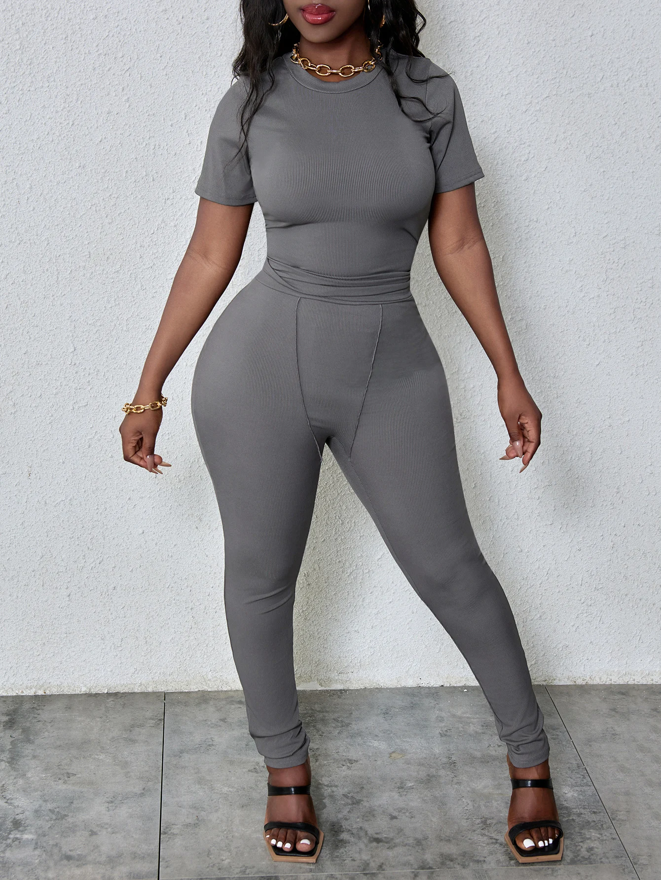 

LW Women Casual Tracksuit sets short sleeve Round Neck T-shirt + Plain Skinny Pants Set Autumn Fashion Sporty Stylish Y2K Wear