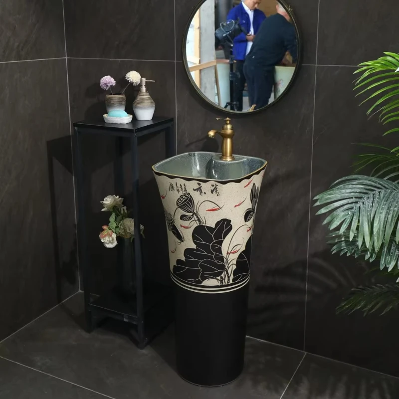 

New Design New Chinese Square Floor Rack Bar Club Bar Art Sink Porcelain Hand Painted Base Washbasin with Faucet Hole
