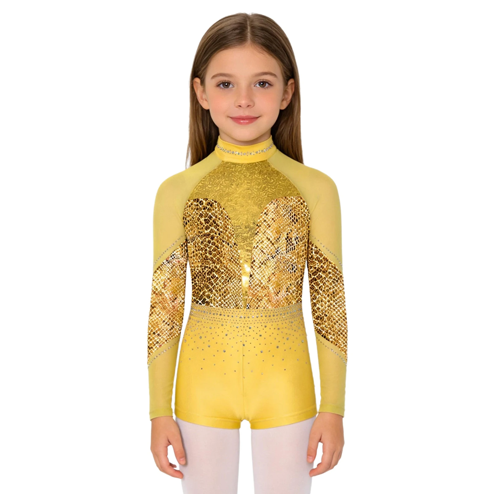 Kids Girls Rhinestones Sequins Figure Skating Gymnastics Leotard Long Sleeve Printed Ballet Dance Acrobatics Unitards Bodysuit