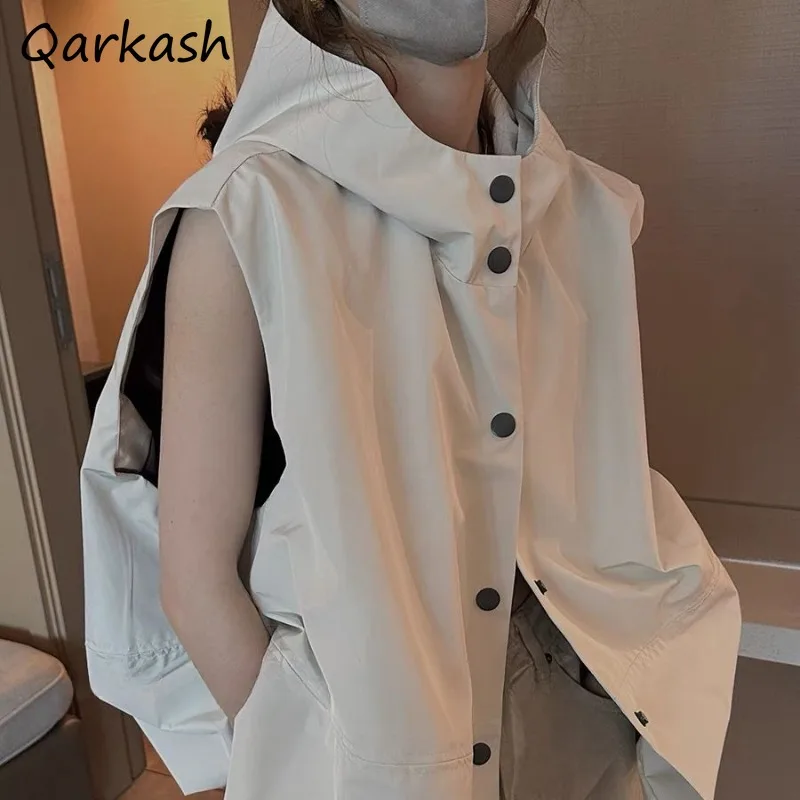 

Vests Women Hooded Coats Single Breasted Loose Casual Korean Style Sold Simple All-match Spring Autumn Breathable Cozy Fashion