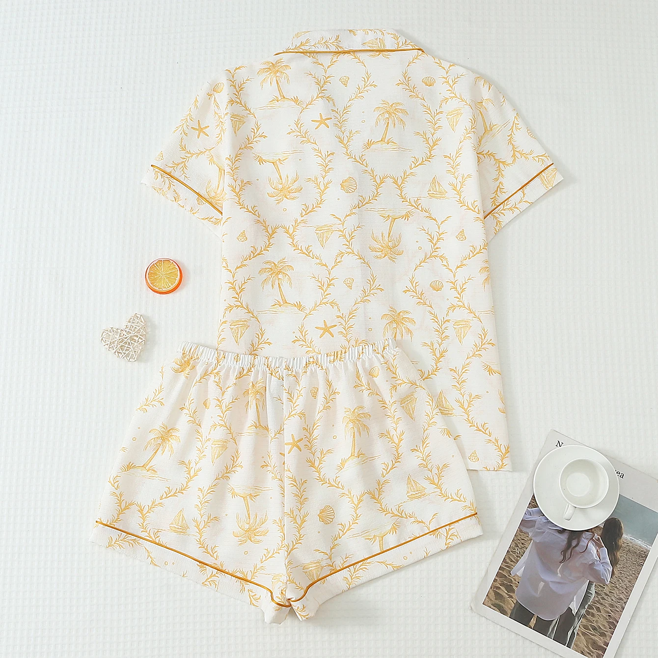 Two-Piece Comfortable Set with Palm Tree and Boat Print, Short-Sleeved Collared Top with Pockets and Bow Shorts, Women's Pajama Loungewear Set Suitable for Home Use