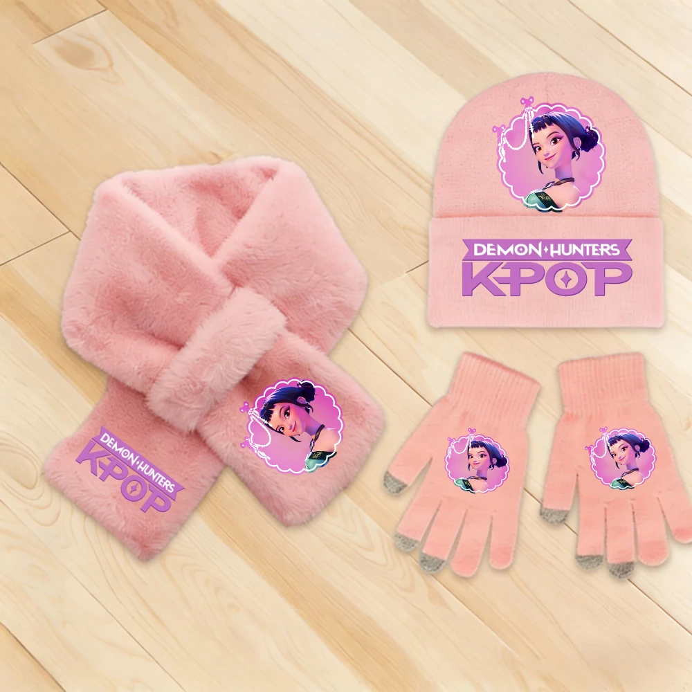 Kpop Demon Hunters 3Pcs Warm Soft Kids Girl Knit Hat Scarf Glove Set Winter Fashion Casual Accessories Perfect Christmas Gift