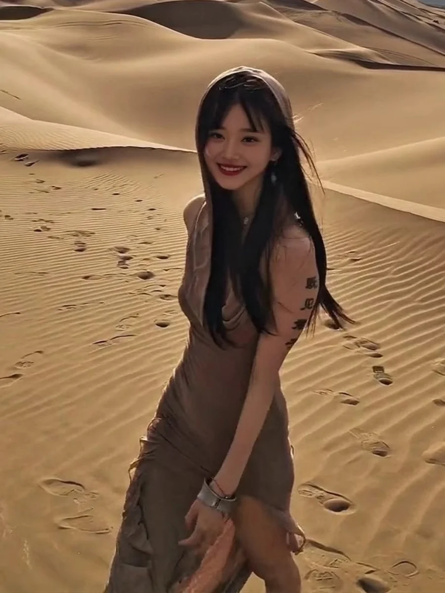 Desert Theme Asymmetric Hemline Hooded Dr Women's Summer Travel Casual Sle High Waist Slim Fit Long Skirt Maxi Dr