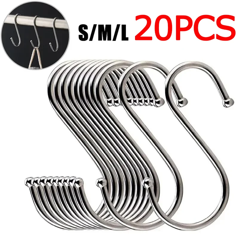 20/10Pc S-Shape Hook Stainless Steel Clothes Bags Towel Plant Hanging Rack Multi-function Kitchen Bedroom Railing S Hanger Hooks