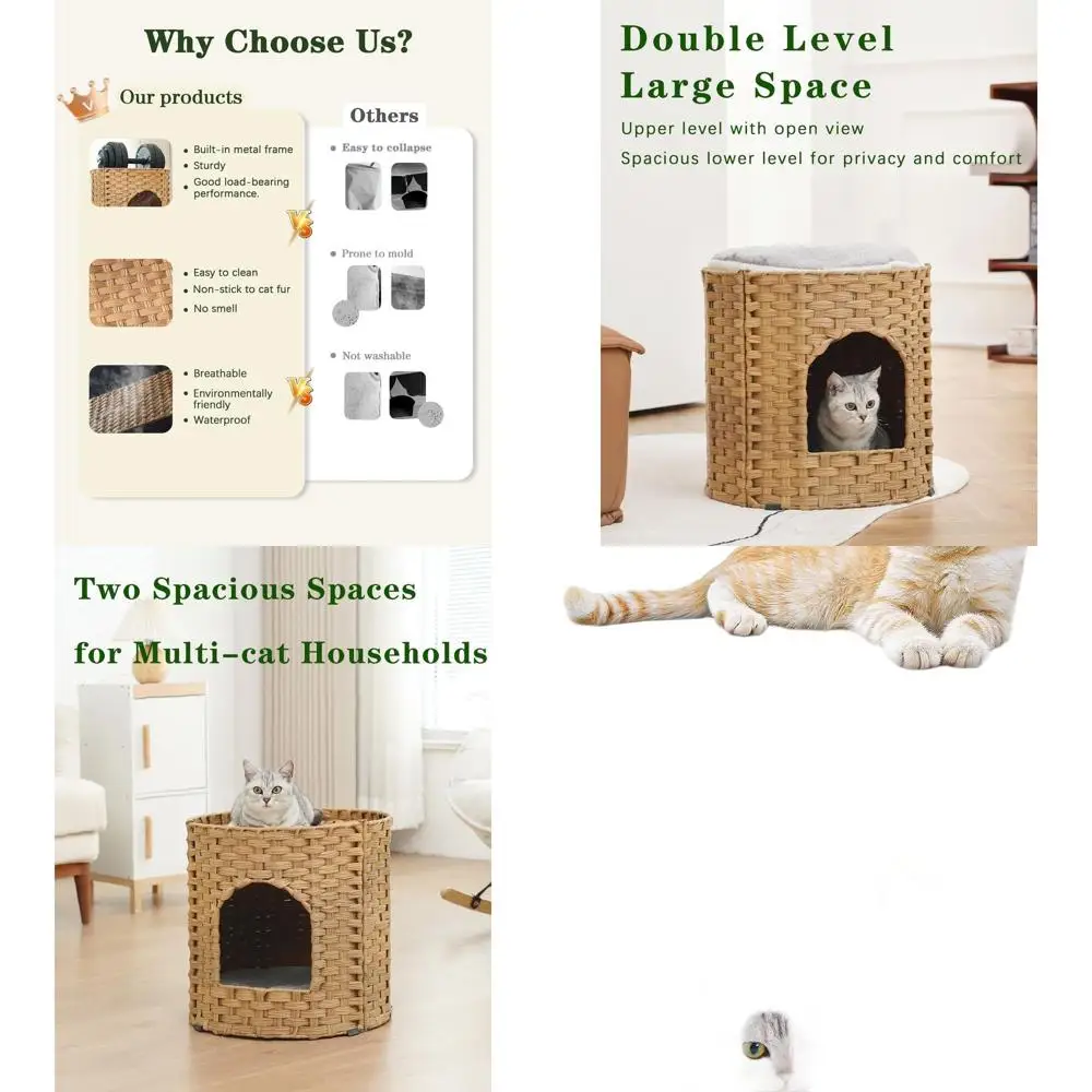 

Large Double Indoor Cat House, Handwoven Rattan Bed Cave with Soft Pad, 17x17x17 Inches Foldable Pet Hideaway for Living Room in