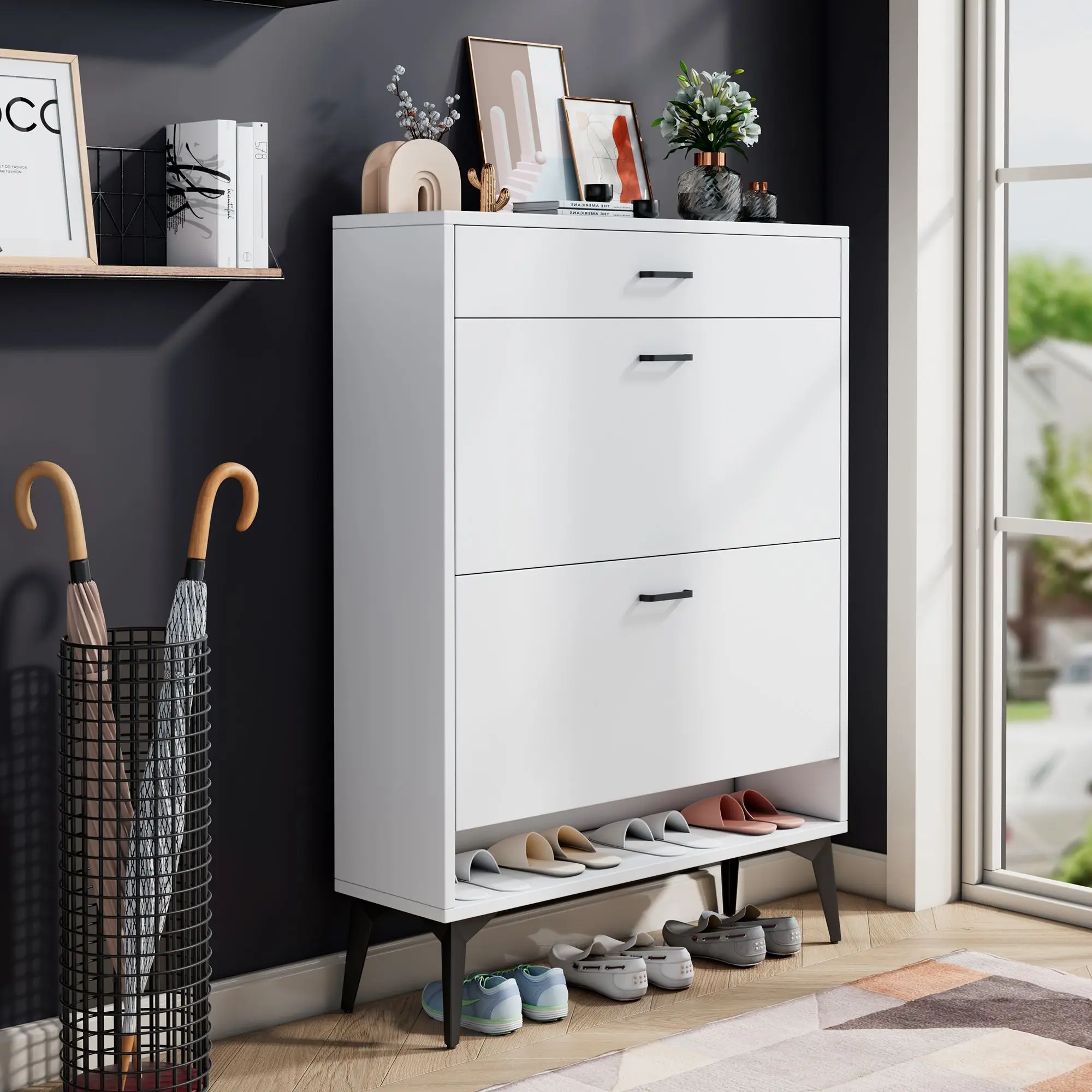 

Shoe Cabinet , Shoe storage shelves, metal leg, White