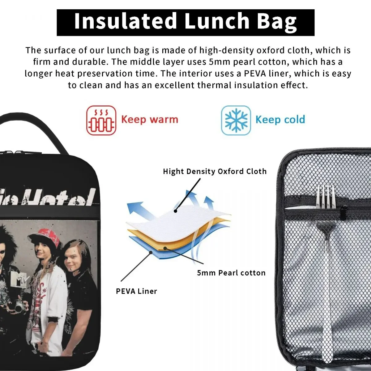 Fiambrera aislada para el hogar, caja de almuerzo informal térmica, enfriador Bento para la escuela, Tokio Hotel Group Music Merch Bill kelitz