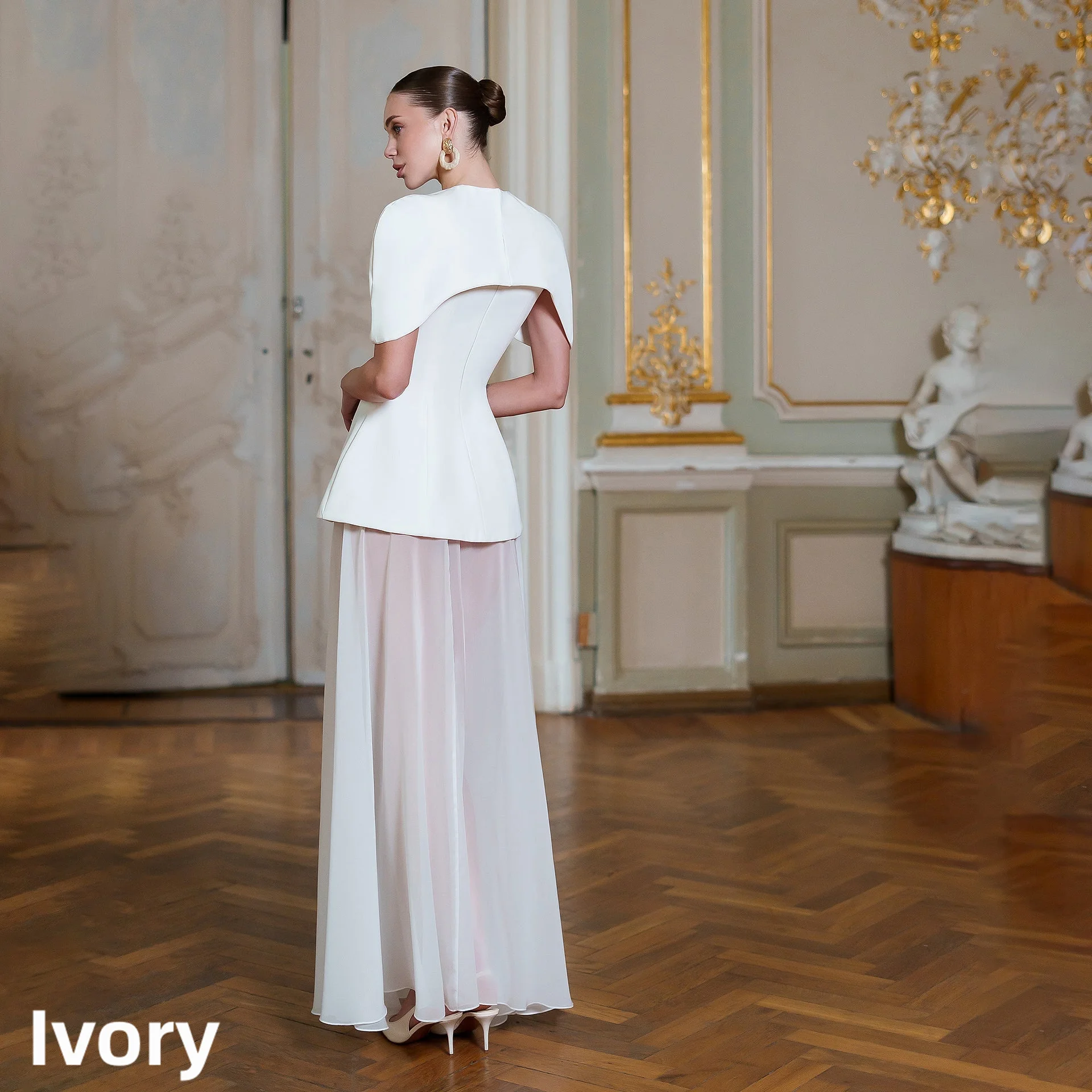Elegant Two Piece Bridal Gown Cape Collar Hollow Peplum Bodice Sheer Chiffon Floor Skirt White Wedding Party Dress Custom Sizes