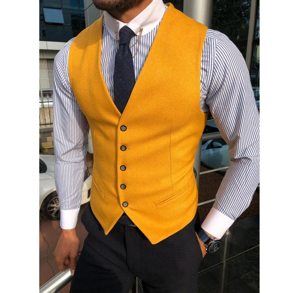 Men\'s Suit Vest Elegant Waistcoat Sleeveless V-Neck Business Button Slim Fit For Wedding Yellow Wedding Groom