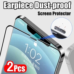 2Pcs Dustproof Grid 9H Tempered Glass For iPhone 16 15 14 Plus 13 12 mini 11 Pro Max X Xs XR Dust Net Filter Screen Protector