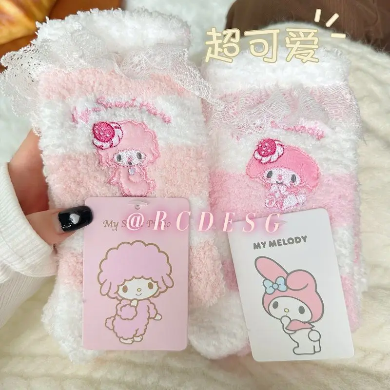 Cute Cartoon My Melody Socks Sanrio Winter Colorful Kawaii Socks Women's Plush Thickened Warm Medium Tube Socks Plush Gift