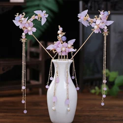 Purple Flower Hair Sticks Chinese Hanfu Hair Accessories Pearl Tassel Alloy Hairpins Antique Golden Alloy Headpiece Hair Jewelry