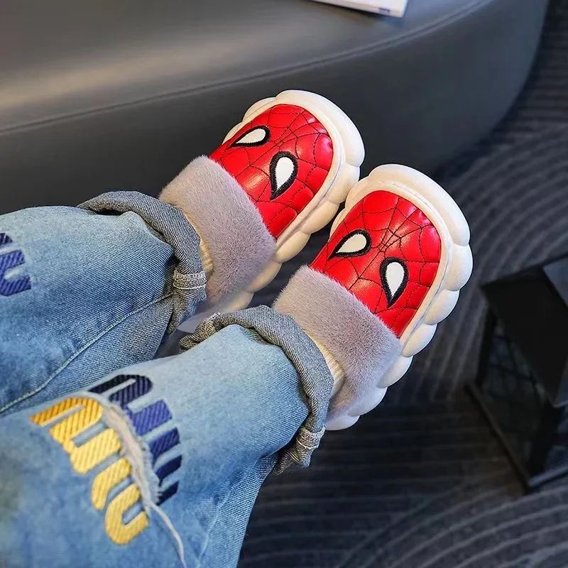 Disney Winter Children Baby Boy Cotton Slipper Cartoon Spiderman Print Kids Non Slip Warm Plush Waterproof Girl Home Shoes 26-36