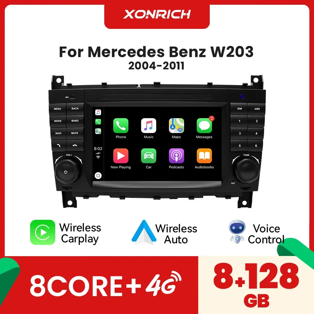 Wireless Carplay Auto Radio For Mercedes Benz C-Class W203 W209 C180 W219 2004 - 2011 Android 12 Car Multimedia 128GB GPS 2Din