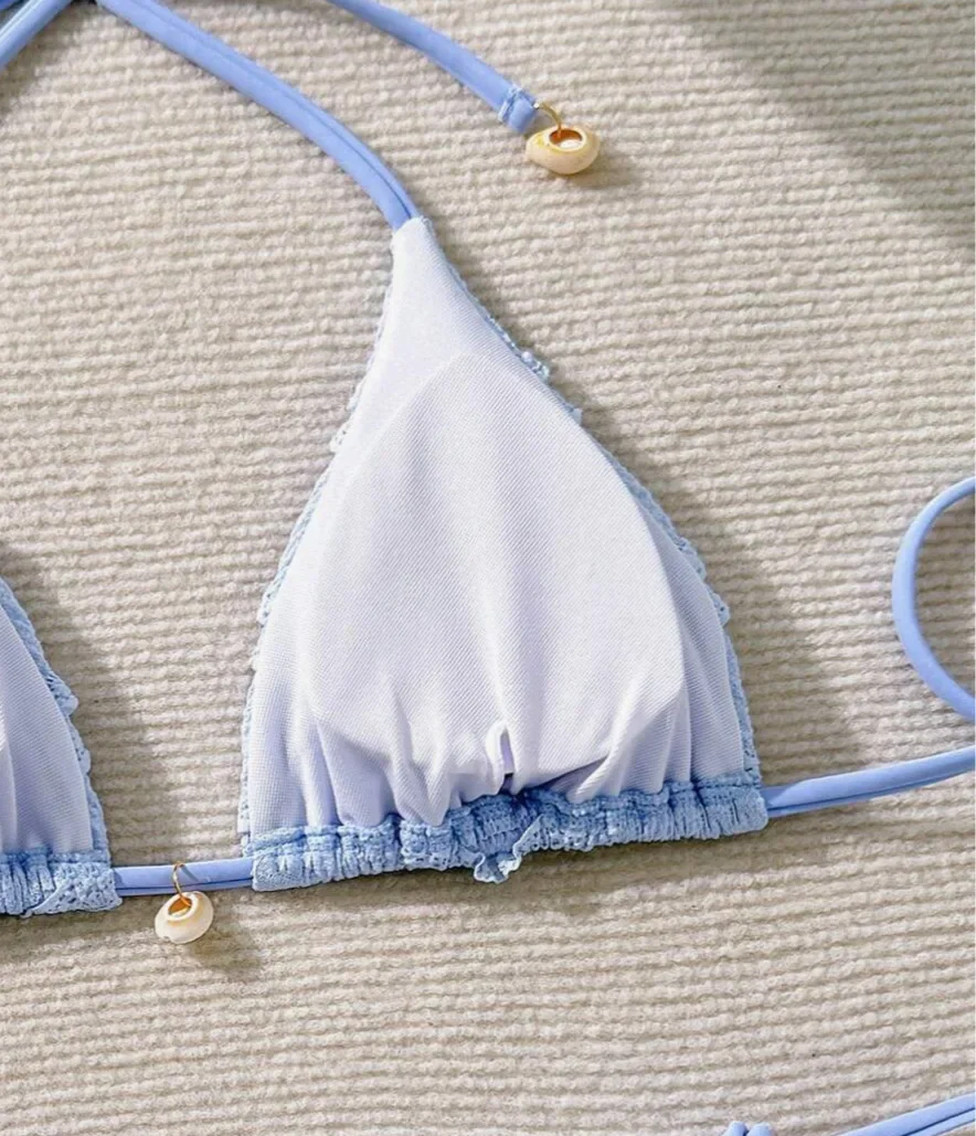 2025 Summer Beach Vacation Women's Sweet Style Strap Top Bikini Swimsuit with Wrinkle Solid Color Swimsuit Three Point Style