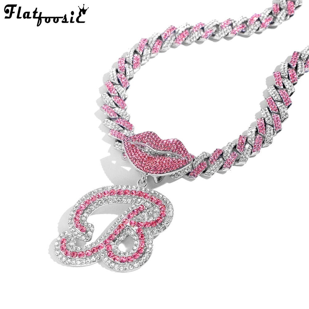 

Hip Hop Pink Crystal Initial Name Pendant Necklace for Women Iced Out Full Rhinestone Cuban Link Chain Necklaces Rock Jewelry