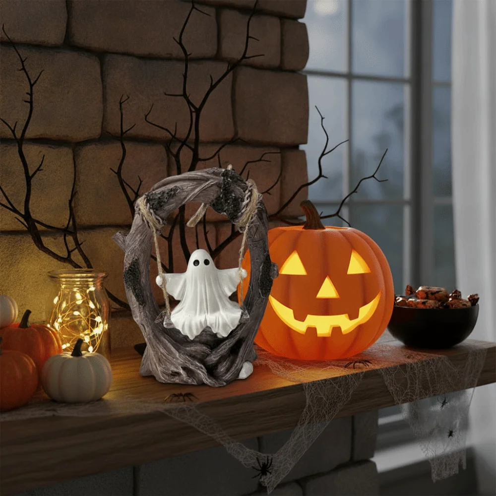 White Halloween Ghost Sculptures Cute Funny Halloween Swing Ghost Ornament Vintage Resin Swing Ghost Decorations