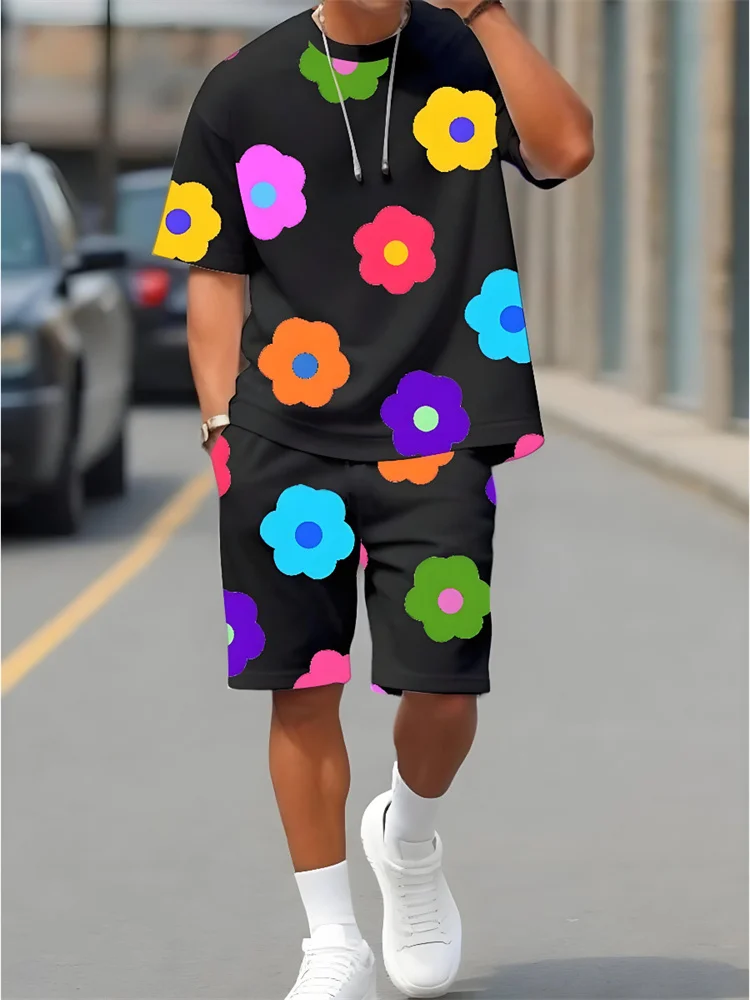 Men's Summer Short Sleeve Set Floral Printed Round Neck T Shirt Set Street Outdoor Breathable T Shirt Drawstring Shorts Set