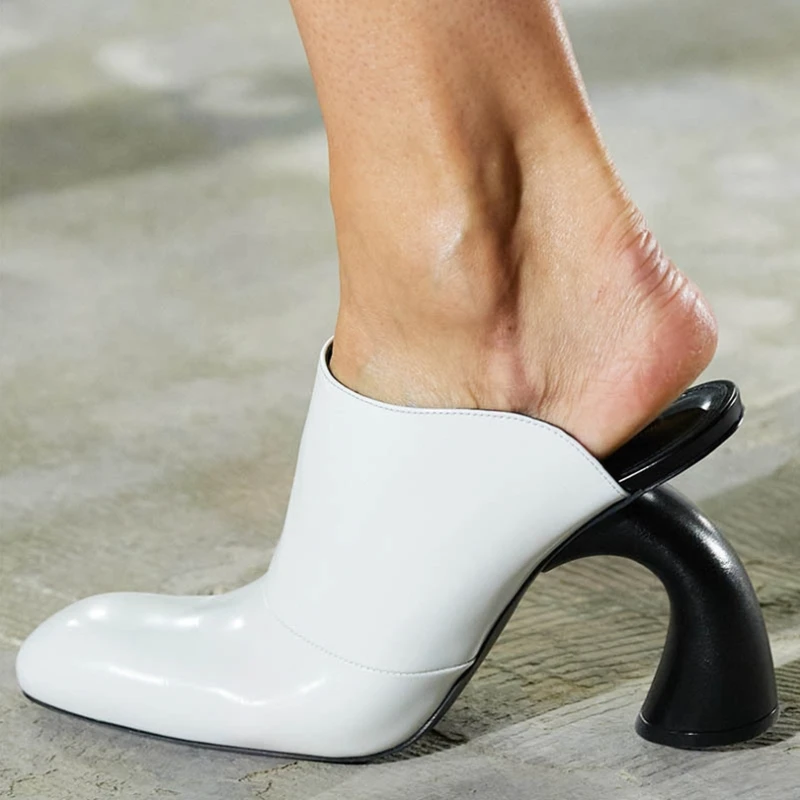 

Strange Style Round Toe Women Pumps Slip On Black White Leather Block Heels Modern Runway Shoes