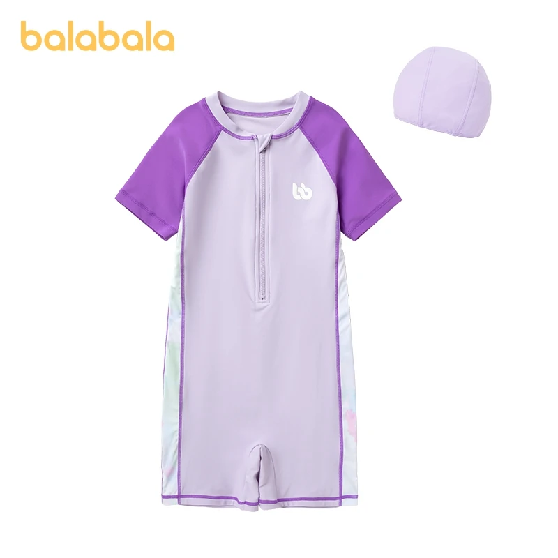 Balabala Swimwear Set Boys Girls Swim Trunks 2024 Summer New Children Teens One-Piece with Swim Cap Color Block Fashionable