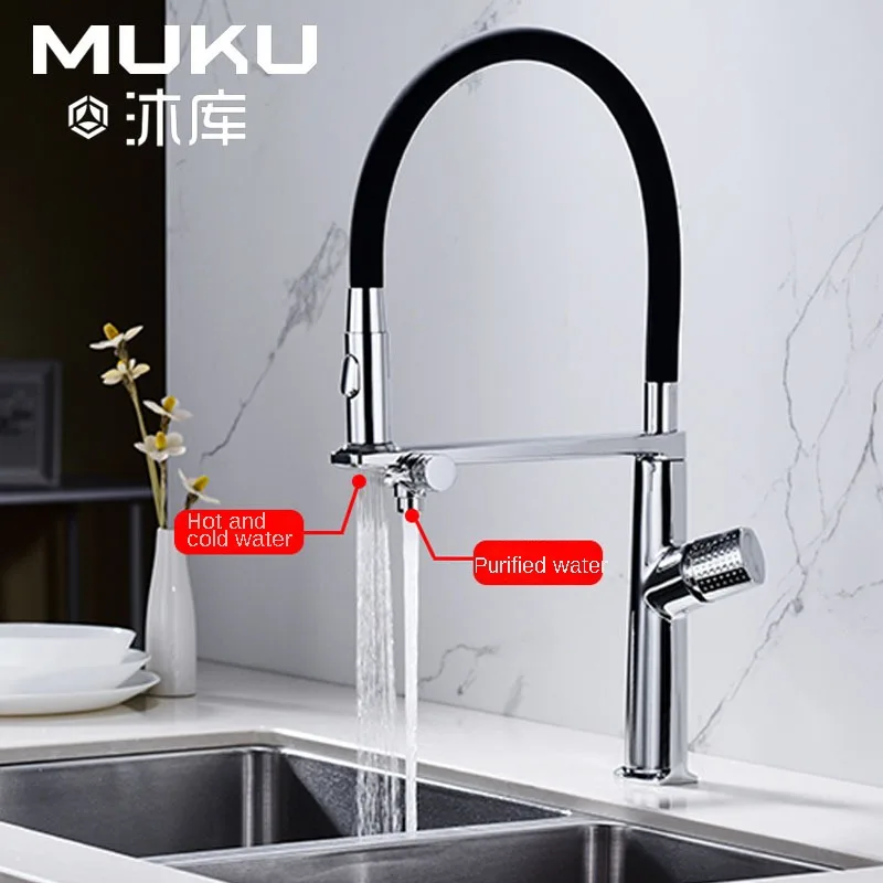 

Chrome Pull-out Kitchen Faucet Tap Copper Water Purification Three-in-One Vegetable Basin Splash-Proof Sink Faucet Gun Gray