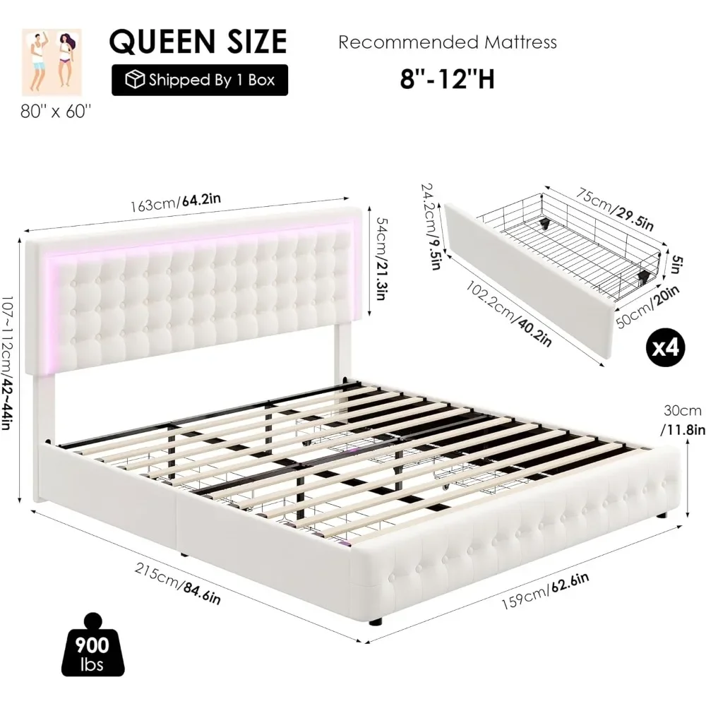 LED 침대 프레임 퀸 사이즈, 충전 스테이션, 스토리지 서랍 4 개, 조절 가능한 헤드보드, 쉬운 조립, 침대 베이스, 베이지