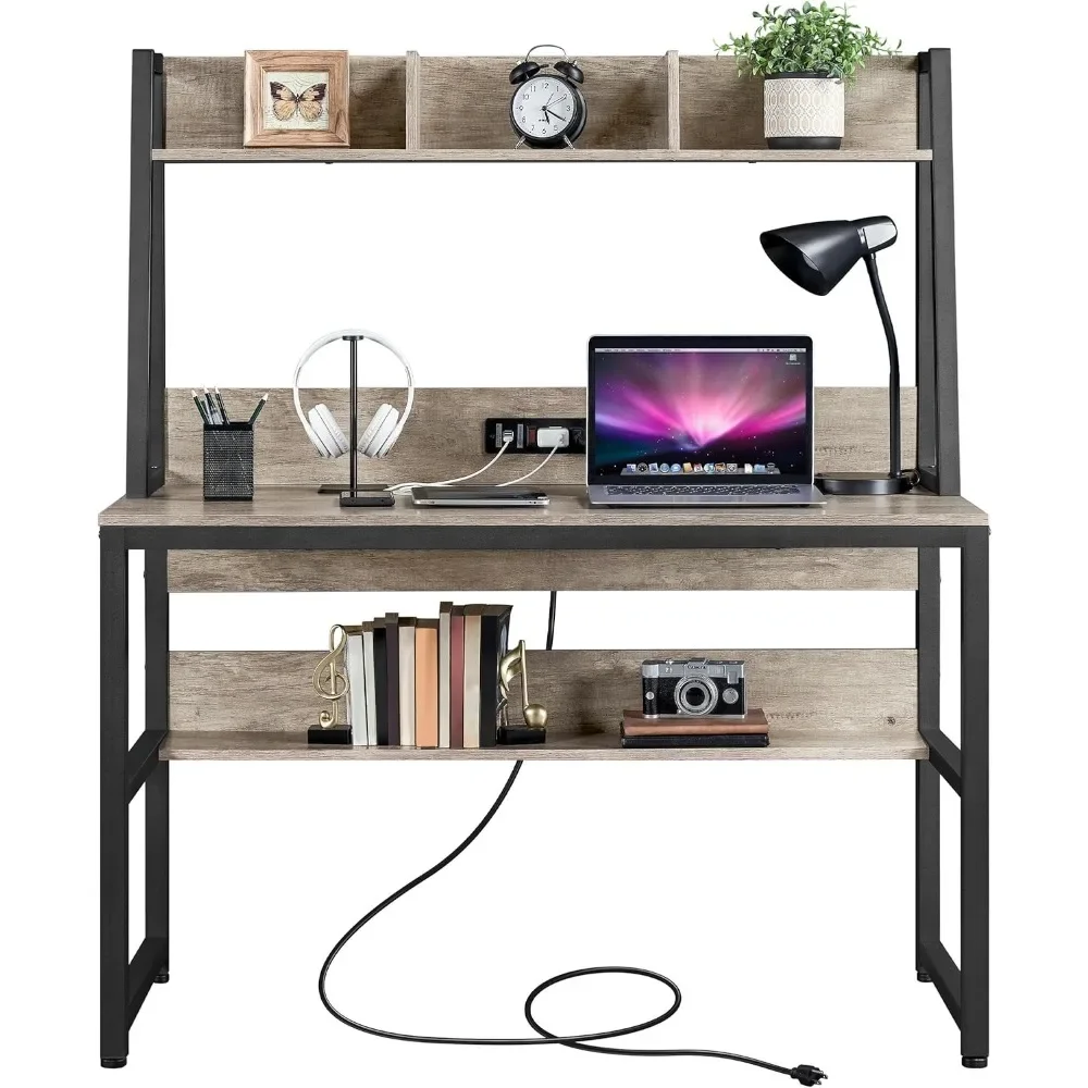 

Home Office 47 Inch Writing Desk with Power Outlets and 2 USB Charging Ports for Studying, Gaming Table Computer Desk