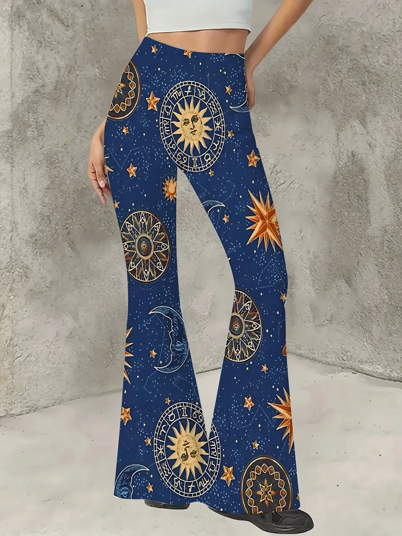 

Women's Print Flare Pants Casual High Waist Knit Bell Bottom Trousers Boho