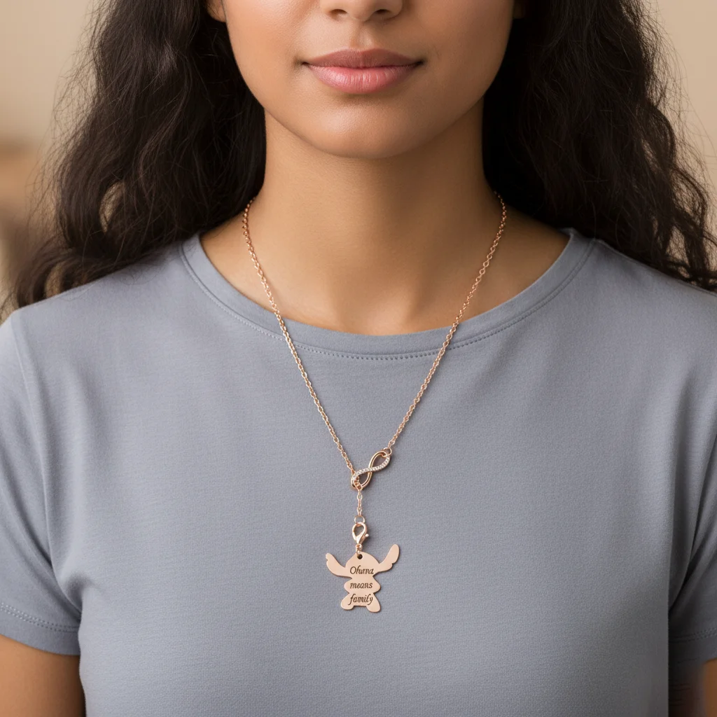 الفولاذ المقاوم للصدأ "Ohana يعني الأسرة" قلادة إنفينيتي قلادة الكرتون غرزة مجوهرات هدية للنساء عشاق هدية الصداقة