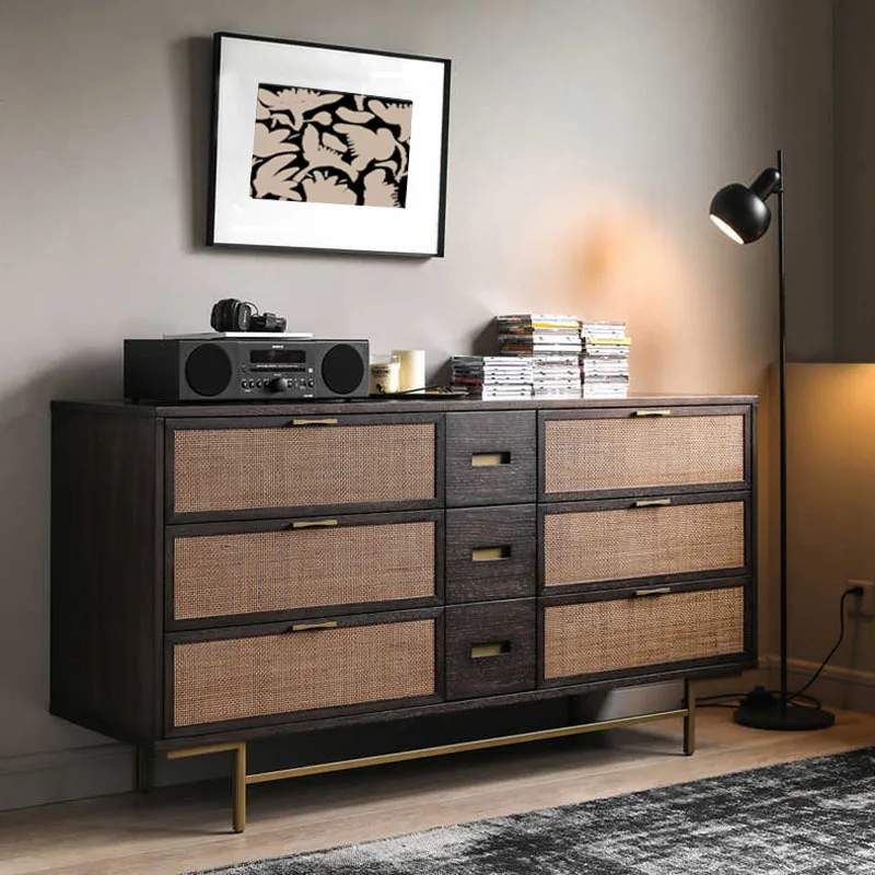 

Nordic/medieval retro solid wood rattan rattan art 9 bucket cabinet wabi sandy wind bedroom storage cabinet master bed