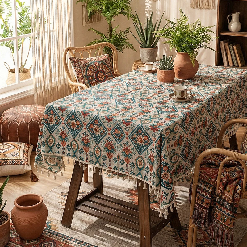 New Bohemian Ethnic Style Printed Tablecloth for Cross-Border Sale, Dustproof Dining Tablecloth, Household Long