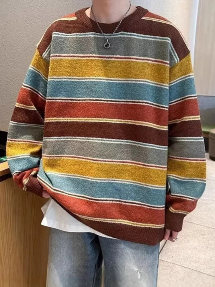 

Vintage Striped Hong Kong Style Men's Sweater Loose Fit Casual Round Neck Knitted Top Trendy Brand Pullover Base Layer Clothes