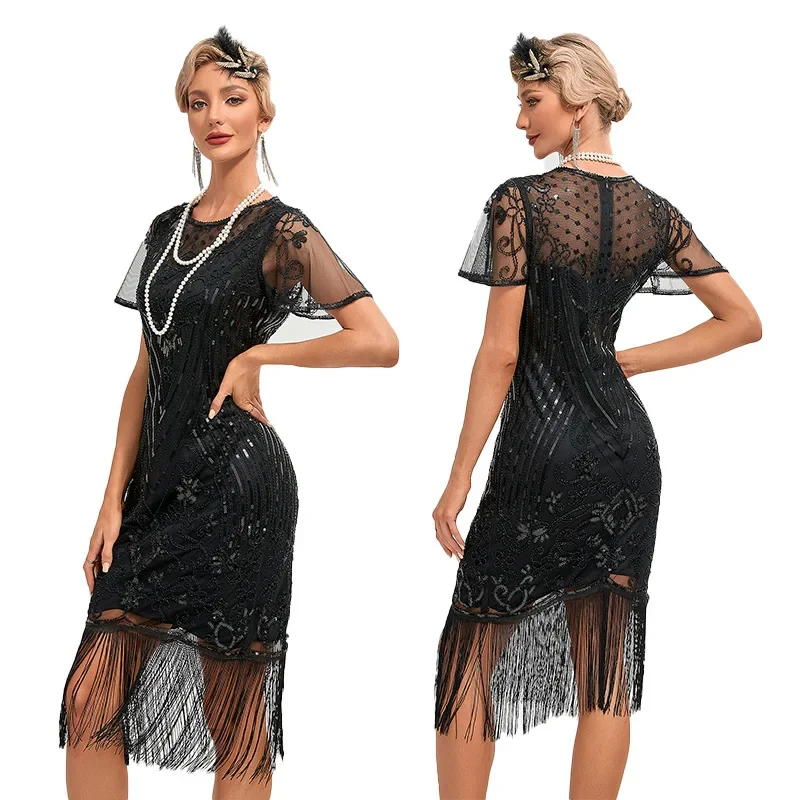 Spring Autumn New 1920S Dress Women Vintage Mesh Sequined Tassel Stitching Dress Women Short Sleeve Round Neck Slim Party Dress