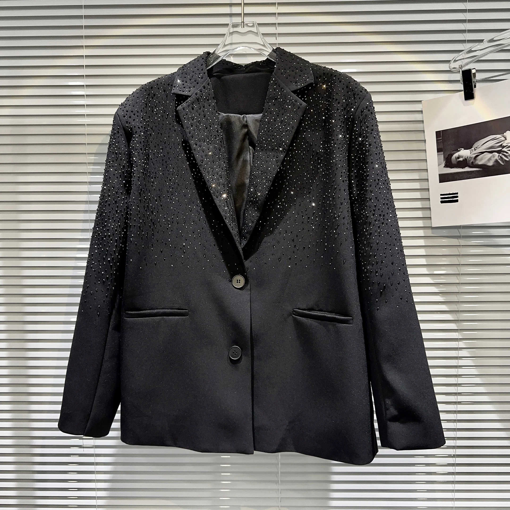 

Spring 2025 oulder Padded Women's Suit Glittering Water Diamond owbiz Star Trendy Design Long Sve Mid-Length Straight Cut