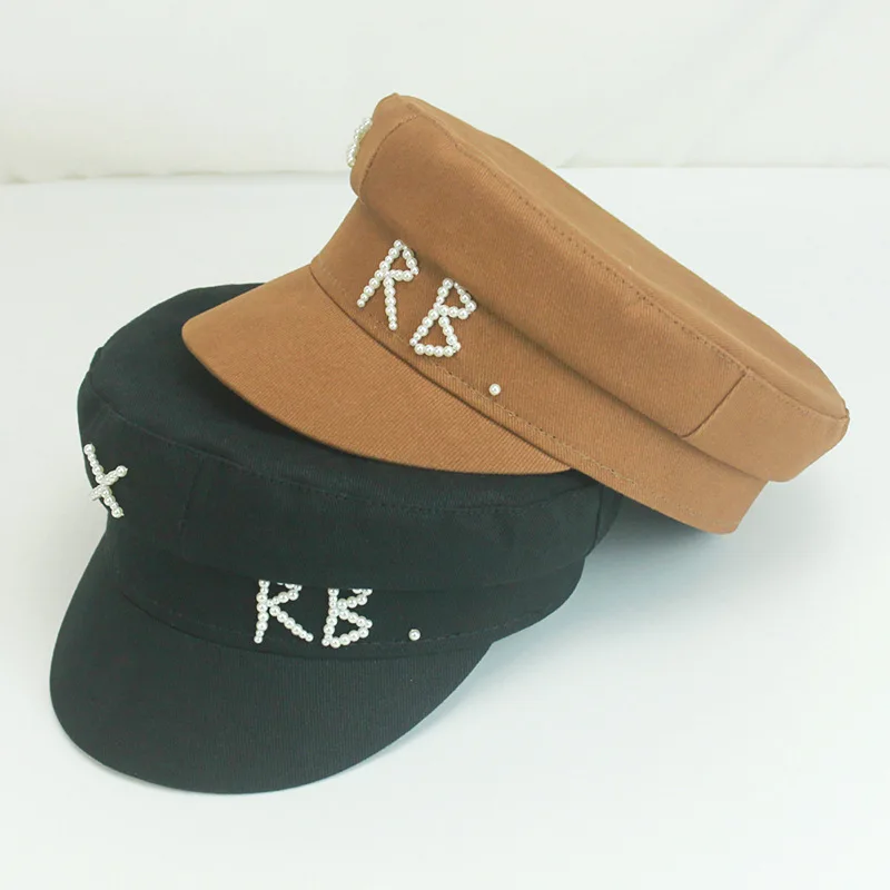 

Embroidered Pearl & Letters Baker Boy Hat Women's Cotton Twill Peaked Cap Vintage Nautical Style