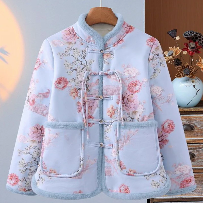 

New Chinese Style Cotton Coat Women2025Winter Floral Print Buckle Warm Fleece Lined Thick Tang Suit Jacket Vintage Qipao Outwear
