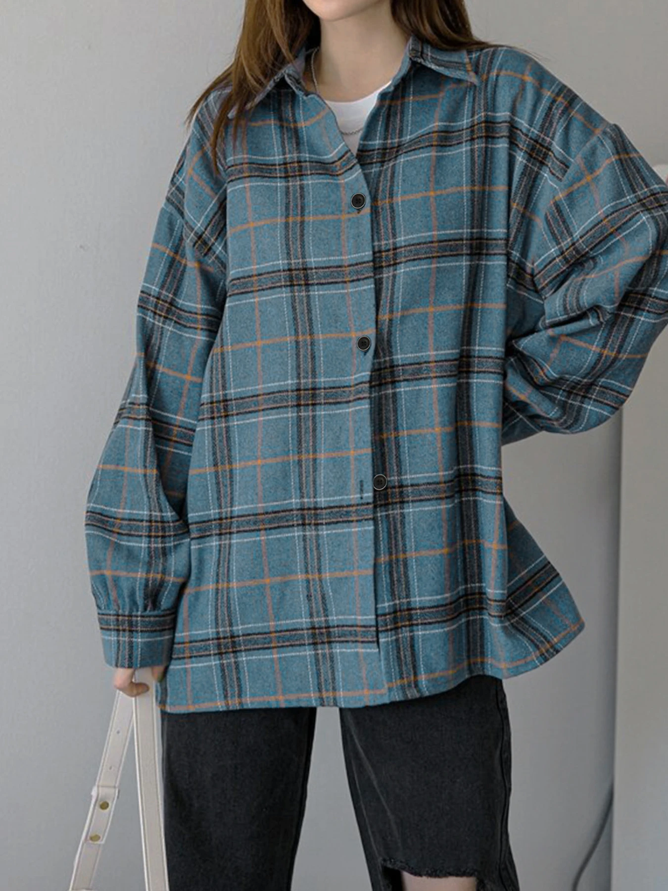 

Women Plaid Coat Blouses Fashion Autumn New Streetwear Turn-Down Collar Lady Button Long Sleeve Casual Loose Plaid Coat Clothing